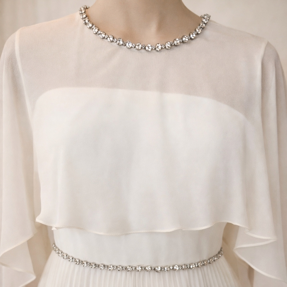 Jenny Packham Bloom Cape Ivory Chiffon Gown Rhinestone Embellished Pleated Dress - Picture 6 of 17